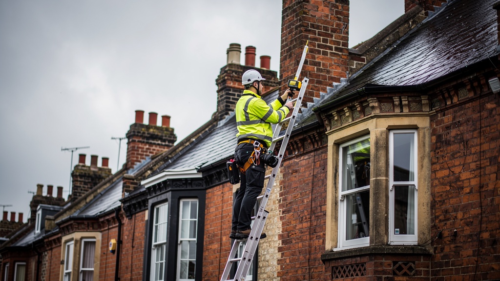 Chartered surveyor inspecting the roof and chimney of a Victorian terraced house in Nottingham for a Level 3 building survey